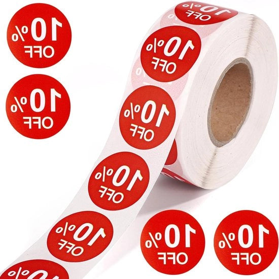 1000 Stuks Korting Stickers, 25mm Ronde Stickers Self Adesivi Promozionali per Negozio e Supermercato - Rosso con 10% Sconto