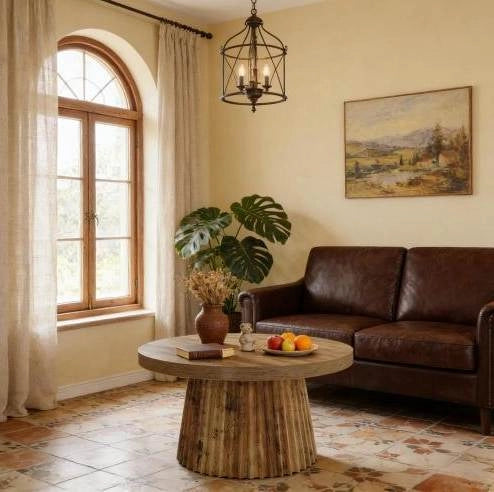 Tavolino da caffè rotondo ? 80 cm in MDF marrone con base scanalata