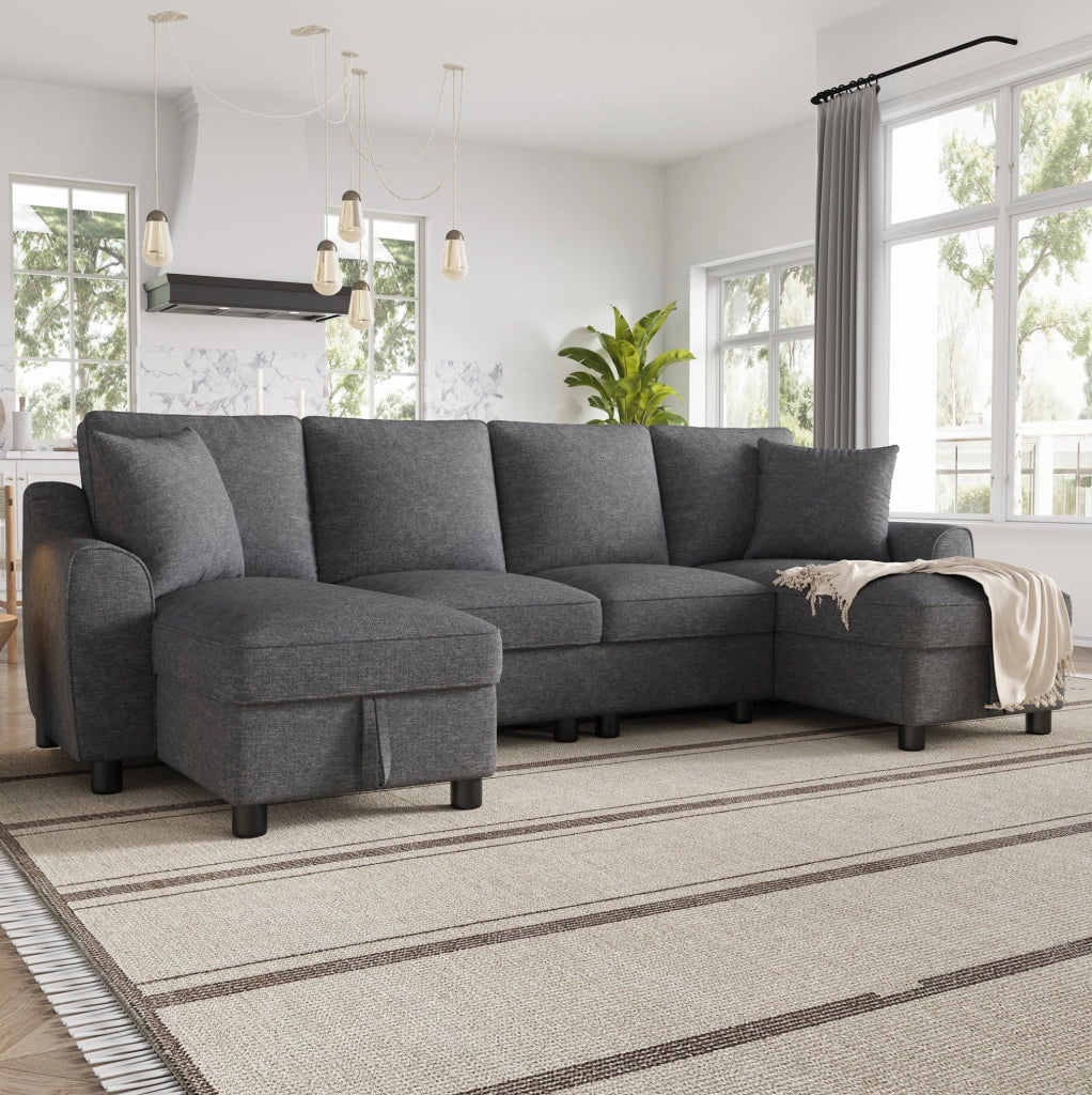 Divano a U in ciniglia grigio con vano contenitore, 280x137x84 cm