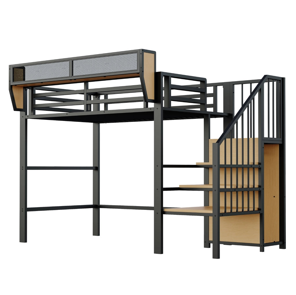 Letto a soppalco 90x200 in metallo con scala di sicurezza e ripiano modulabile, nero