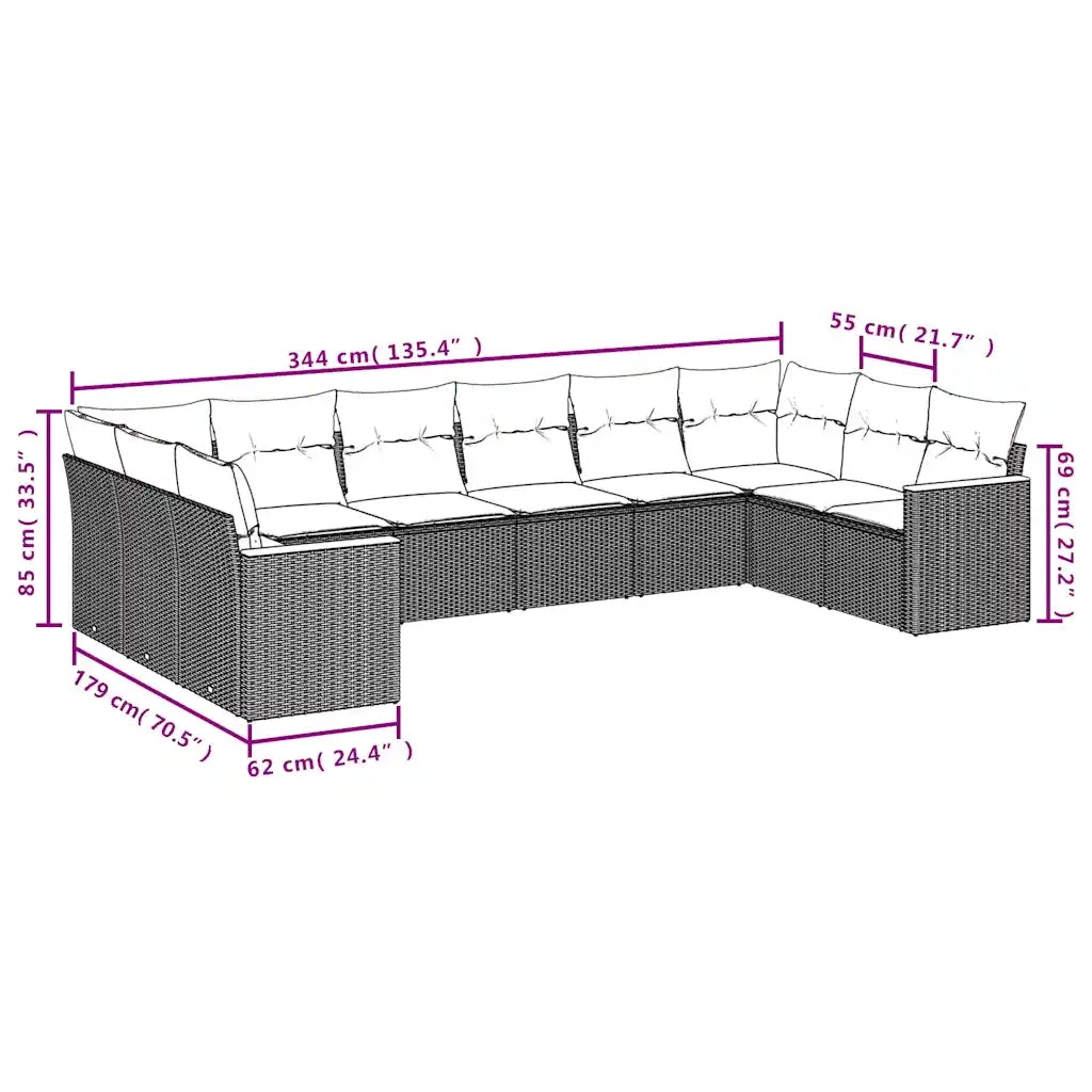Set Divani da Giardino 10 pz con Cuscini Grigio in Polyrattan 3226327