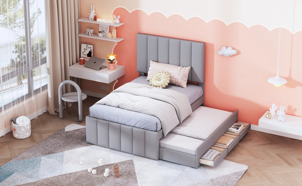 DESMIU Letto singolo 90 × 200 cm con letto estraibile, 3 cassetti, testiera regolabile e senza materasso, grigio