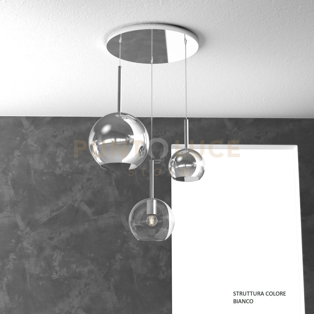 SOSP. BIANCO TONDA 3 LUCI VETRI 1 GRANDE CROMO+1 MEDIO TRASPARENTE+1 PICCOLO CROMO 1155BI-S3 TMIX-TC