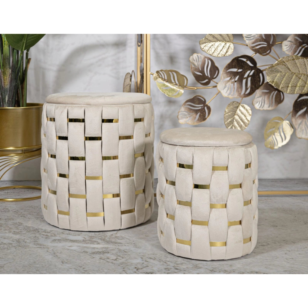 Set 2 pouf contenitore Shanty in velluto crema con fascia dorata O37x42 e O28x35 cm