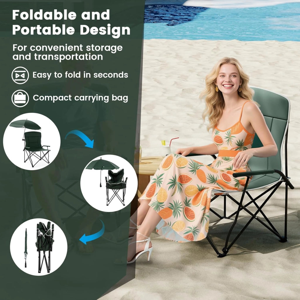Sedia da campeggio con ombrellone, sedia da spiaggia con braccioli e cuscini imbottiti, sedia da pesca con borsa per il trasporto, carico 150 kg, sedia pieghevole per barbecue, giardino