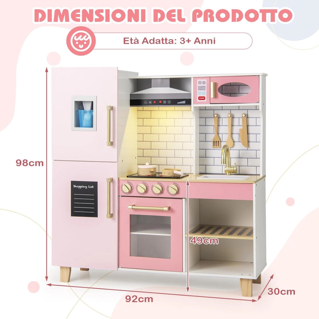 Cucina Giocattolo con Cappa e Fornelli a Suoni e Luci, Cucina per Bambini in Legno con Fabbricatore di Ghiaccio, Microonde, Griglia BBQ e Lavagna, Set Cucina con Accessori, per Bambini 3+ Anni