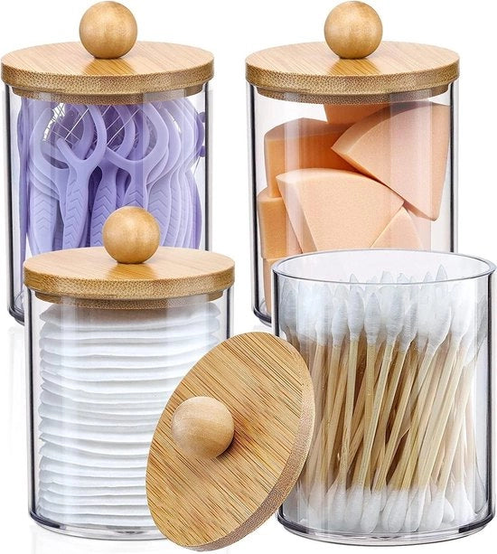 Oggetto di conservazione per cotone - bagno - dischette per asciugamani - spazzole per asciugamani - coperchio in bambù - 4 pezzi - ripiegabile