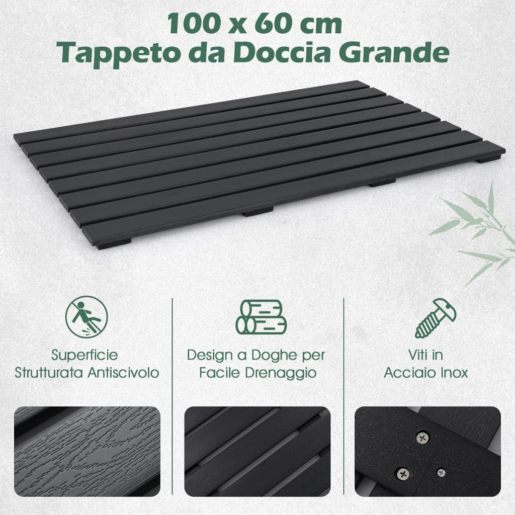 Pedana Doccia in WPC Antiscivolo 100 x 60 cm, Pedana da Bagno Finitura Effetto Legno, Tappetino da Doccia Rettangolare per Vasca e Piscina, da Interno ed Esterno, Nero