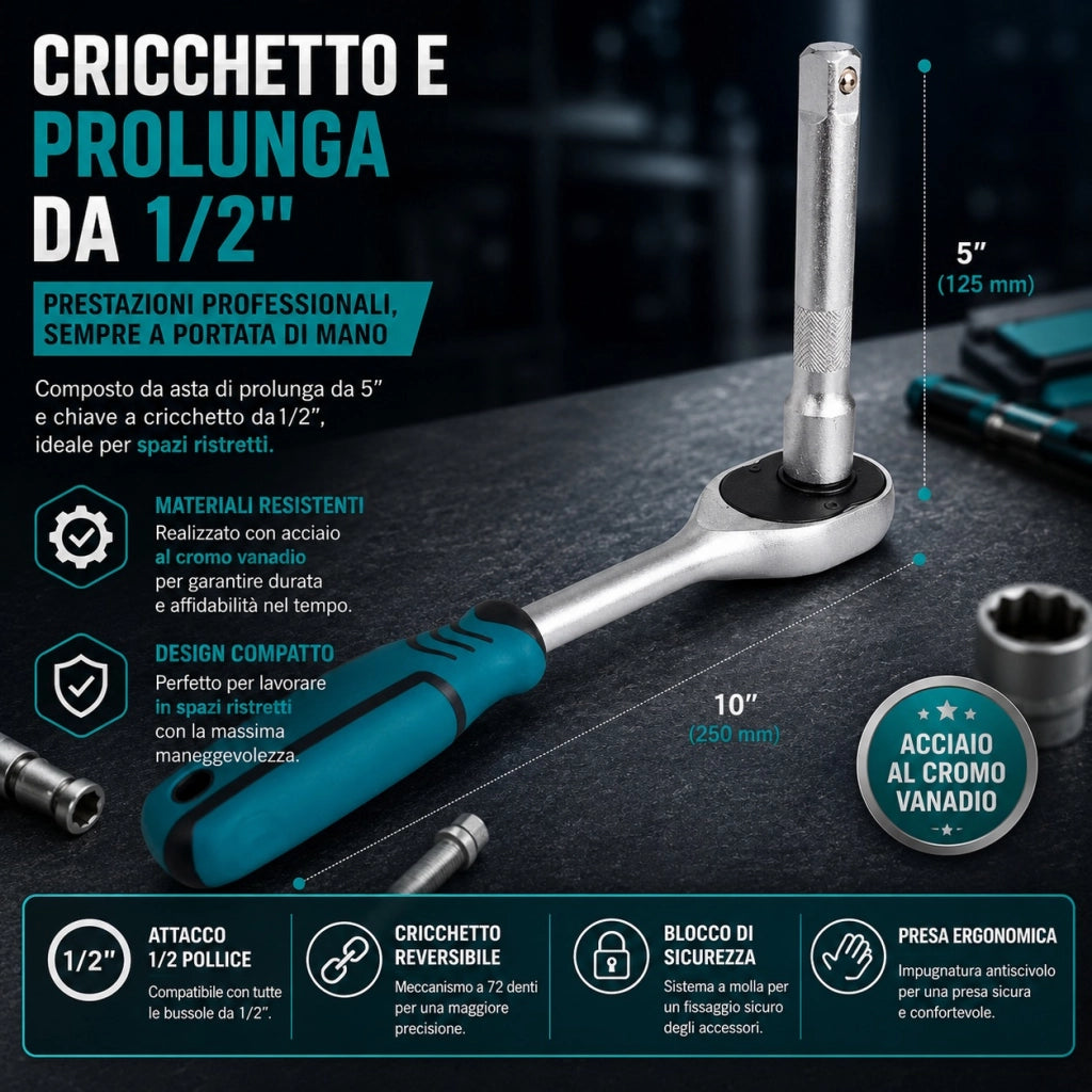 Set 12 Chiavi a Bussola 1/2" con Cricchetto e Prolunga 125 mm VHT02527