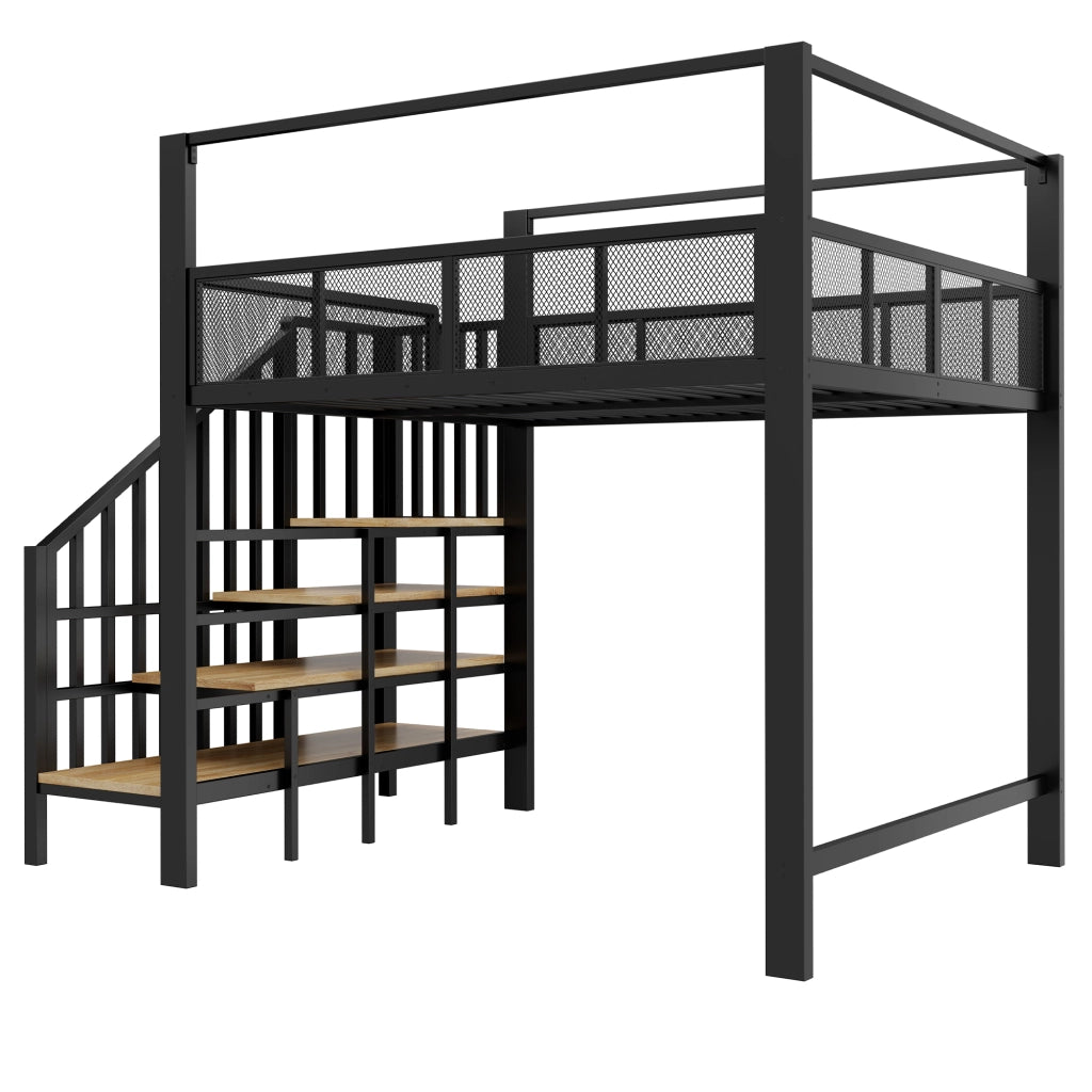 Letto a soppalco alto in metallo 140x200 cm con scala contenitore, baldacchino e rete di sicurezza, nero