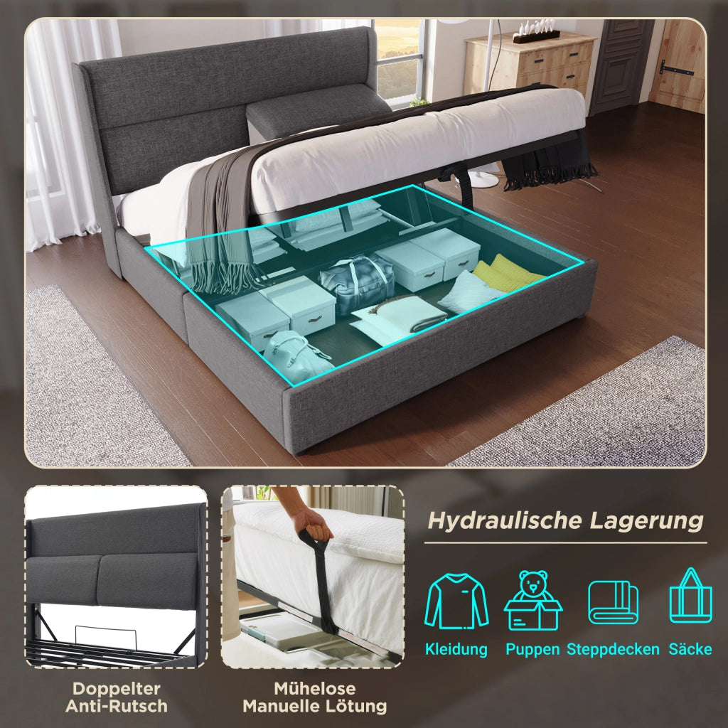 OKWISH Letto Contenitore 140×200 cm, Letto Matrimoniale con Testiera Regolabile, Vano Contenitore e Rete in Metallo, senza Materasso, Lino, Grigio