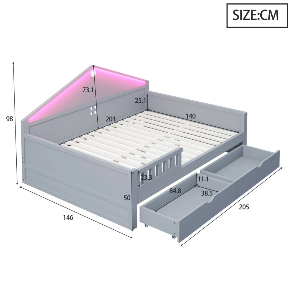 Letto multifunzione 140x200 cm con LED e 2 cassetti; in legno massello e MDF; grigio