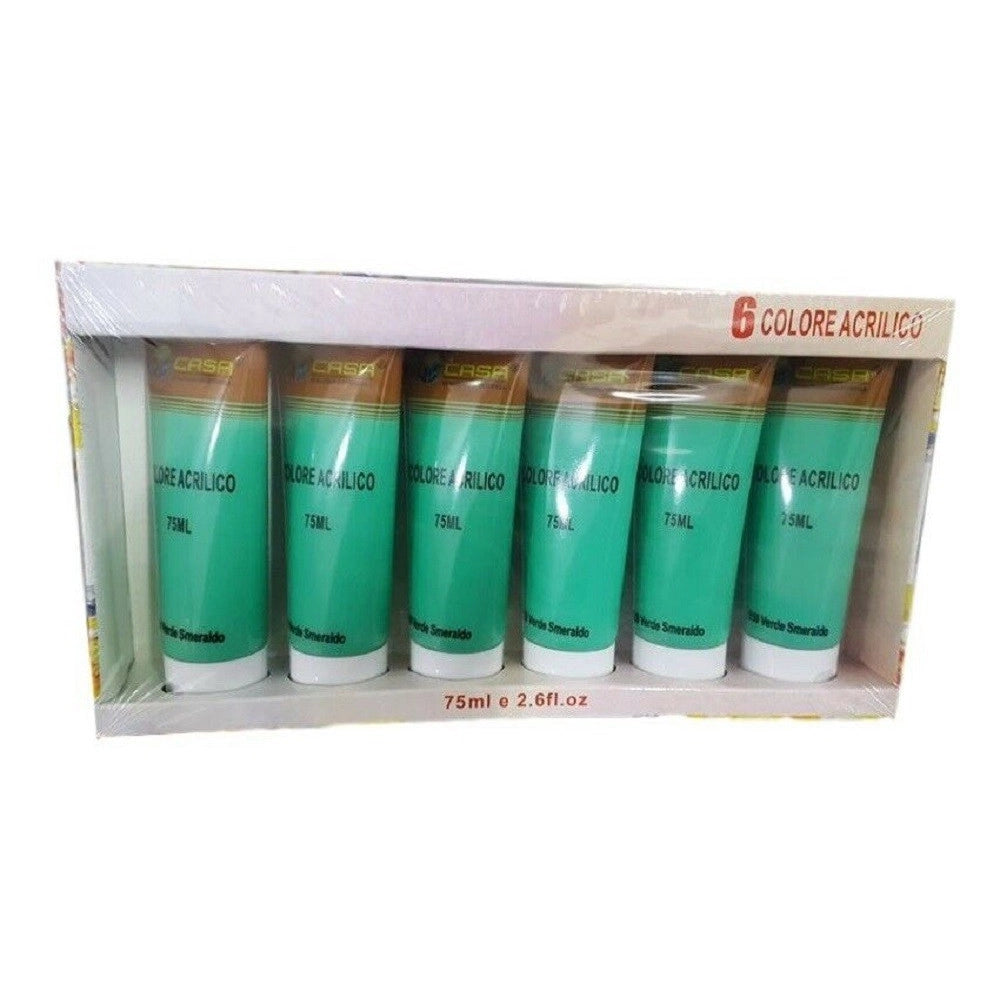 Trade Shop - Set 6pz Pittura Acrilica Vernice Confezione Colore Verde Smeraldo Tubo 75ml 07499 -
