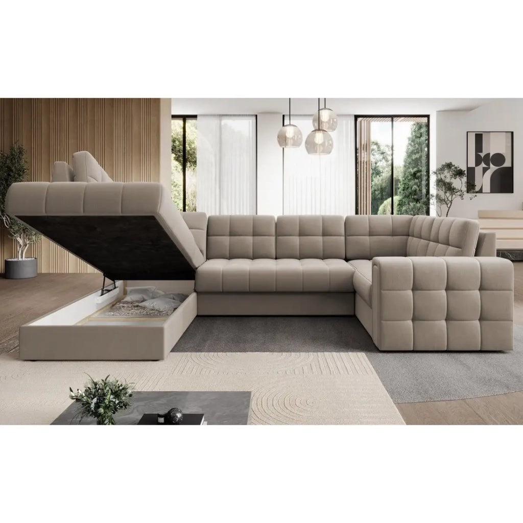 Divano angolare convertibile MONTEZA beige sinistro 299 cm con contenitore e letto
