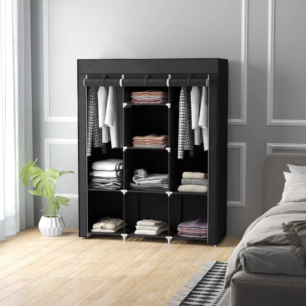 Armadio Guardaroba Salvaspazio 8 Ripiani 125x43x162,5 cm in Tessuto Nero