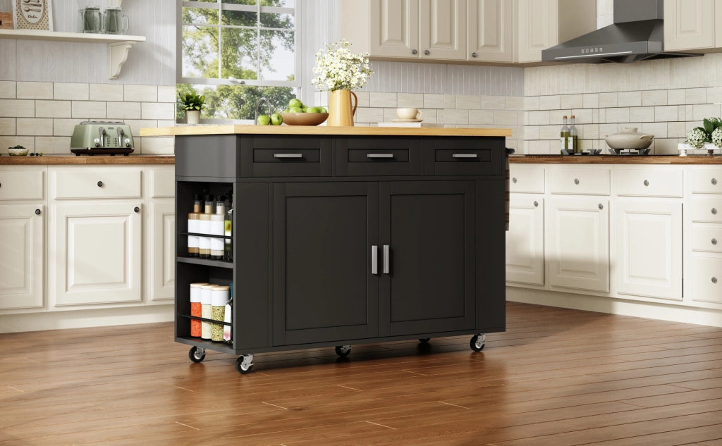 Isola da cucina mobile con piano ribaltabile, organizer estraibili, 3 cassetti, prese integrate e ruote bloccabili, 120 x 45(70) x 84 cm