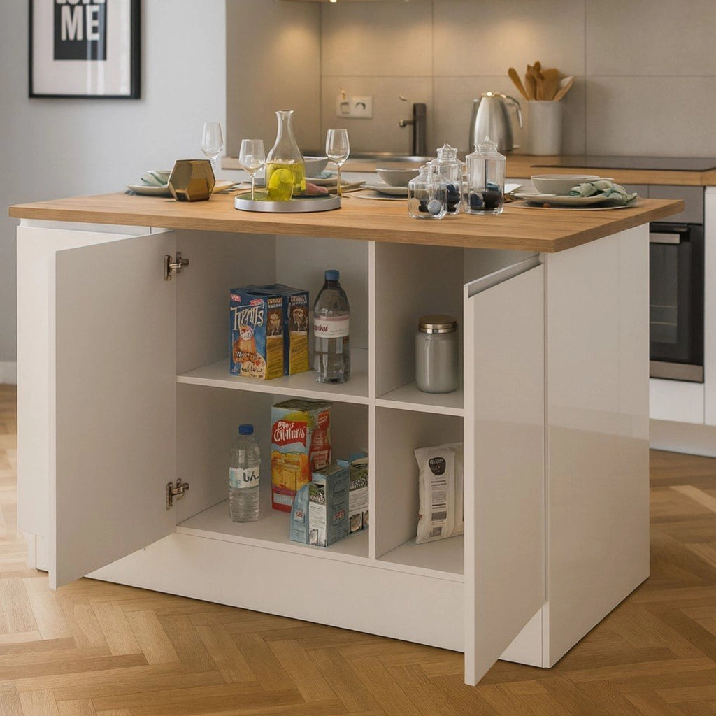 Isola da cucina Tartaro, Tavolo ausiliario portaoggetti, Mobile da cucina a 3 ante, 100% Made in Italy, 155x90h90 cm, Bianco lucido e Rovere