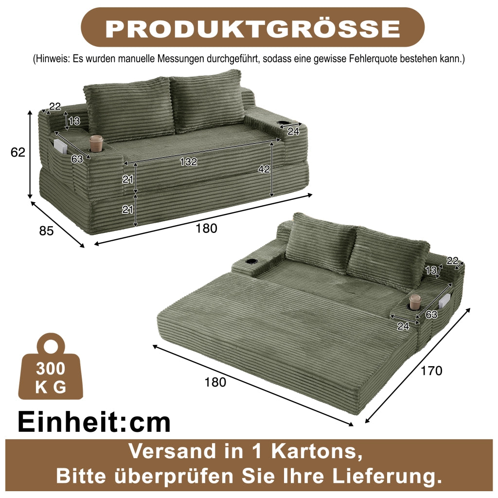 Divano letto 2 in 1 con portabevande in velluto a coste verde