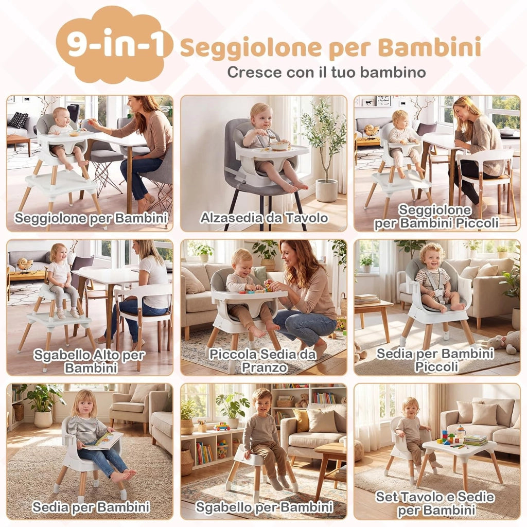 Seggiolone Pappa per Bambini, Seggiolone Convertibile con Cintura e Vassoio Rimovibile, Sedia Evolutiva per Neonati, Telaio in Legno Massello, per Neonati 6-36 Mesi (Grigio Chiaro)