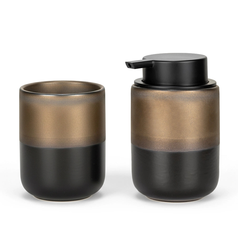 Set accessori bagno con dispenser e porta spazzolino nero opaco e bronzo in ceramica Teos