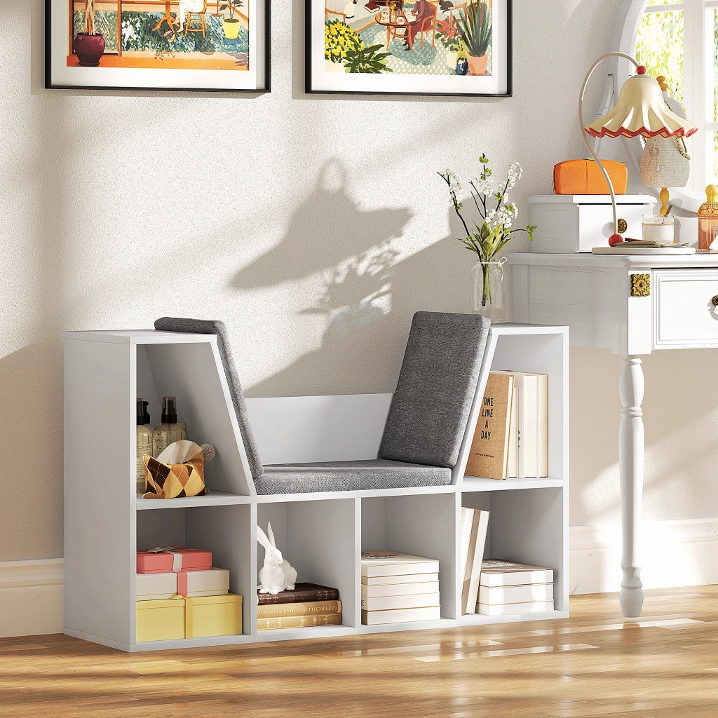 Libreria con seduta imbottita a 6 scomparti, 105 x 30 x 63 cm, bianco