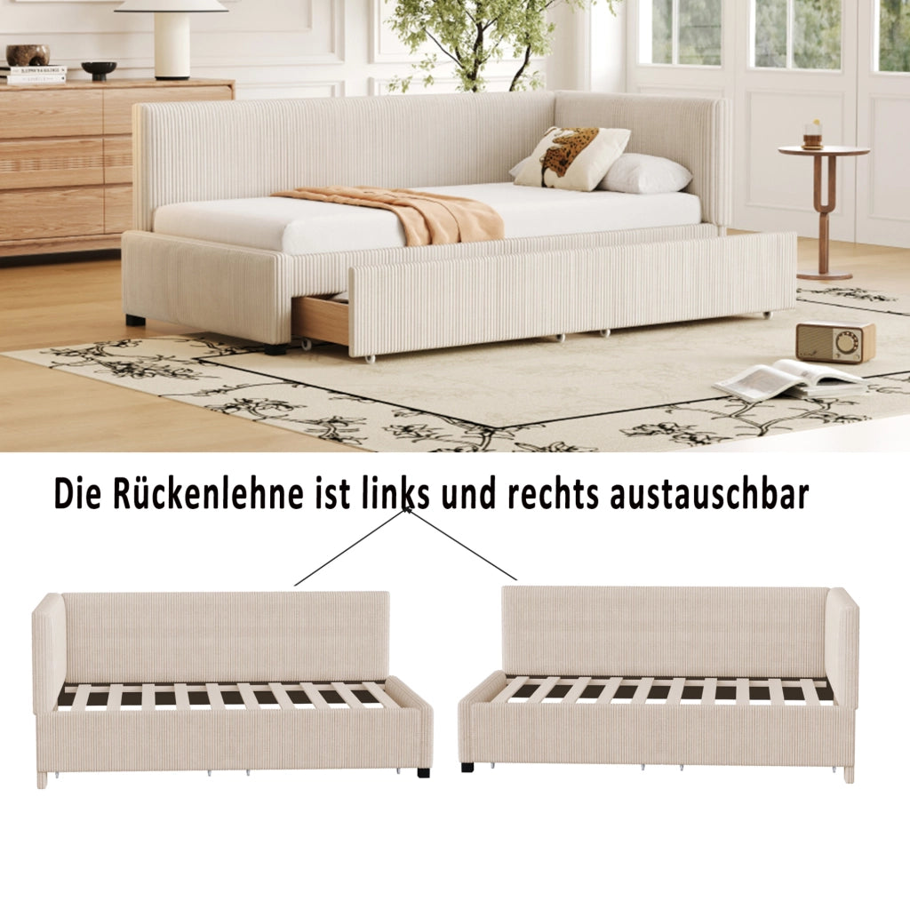 Divano letto classico in velluto; 90x200 cm; con 2 cassetti contenitore; beige