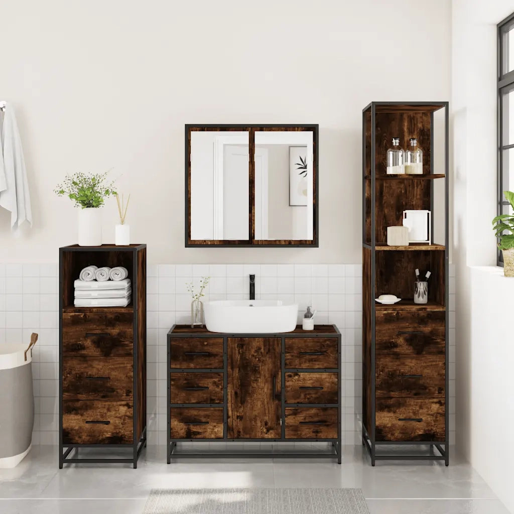 Set Mobili da Bagno 4 pz Rovere Fumo in Legno Multistrato