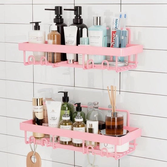 Set di 2 piastrelle doccia senza perforare con ganci e supporto shampoo - rosa