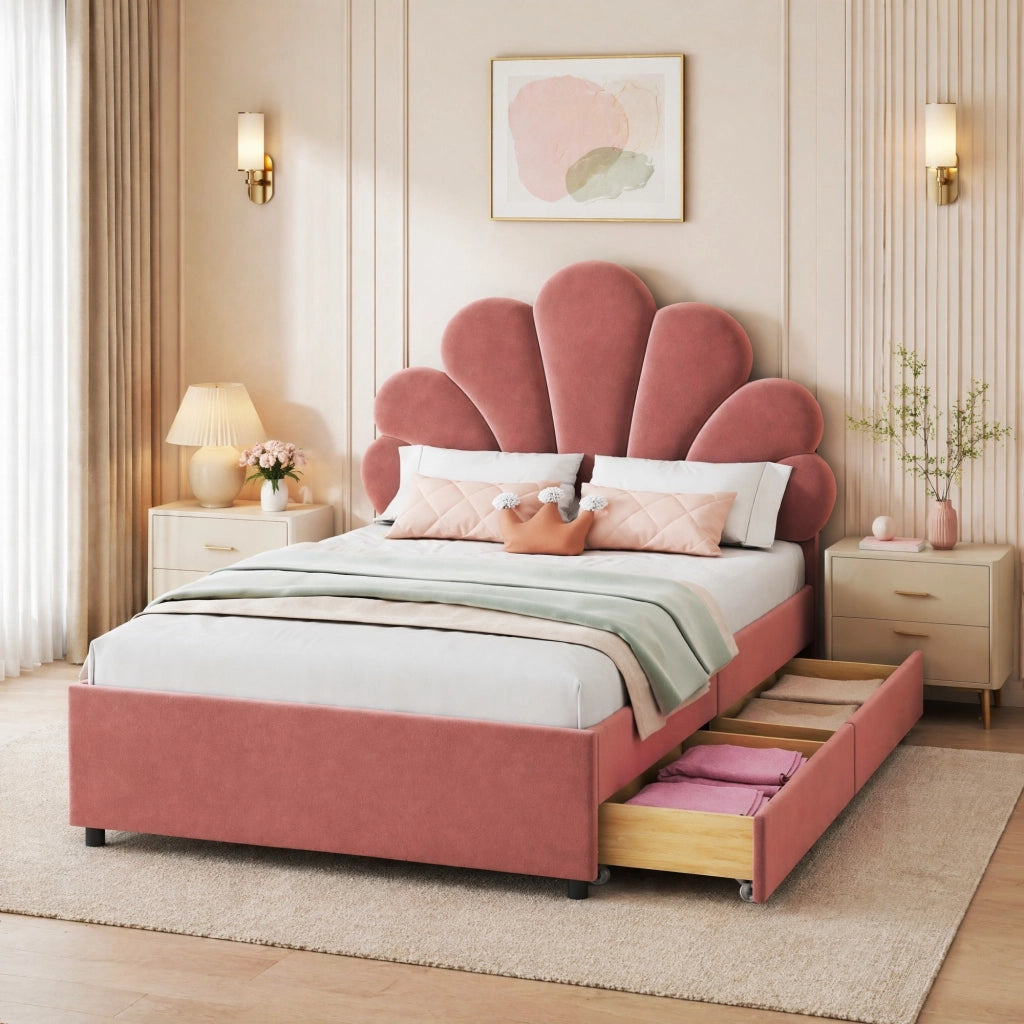 Letto singolo imbottito rosa 90x200 cm con 2 cassetti