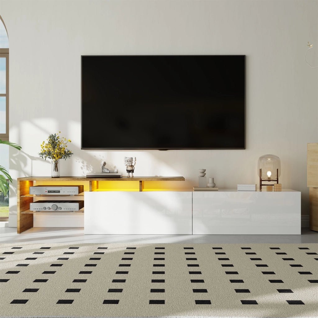 Mobile TV con 2 Vani; Ripiani in Vetro e LED 16 Colori; Moderno Lucido; 170¡Á33¡Á33;5 cm; Bianco Naturale