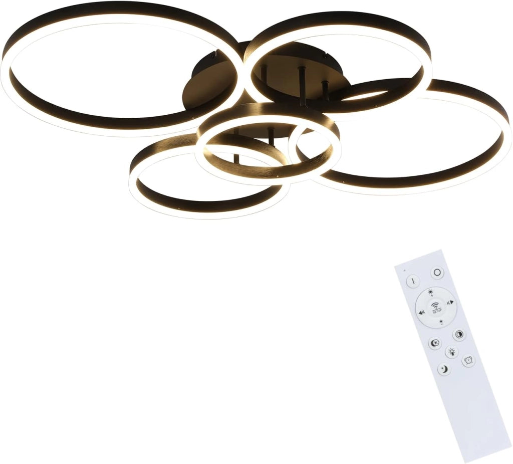 ZMH Lampada da soffitto plafoniera LED 78W nera dimmerabile telecomando 5 anelli per soggiorno camera letto