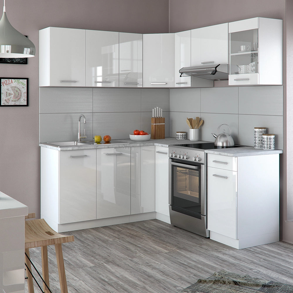 Vicco Cucina angolare completa Bianco/bianco lucido 187 x 167 cm , PL Marmo con striscia LED