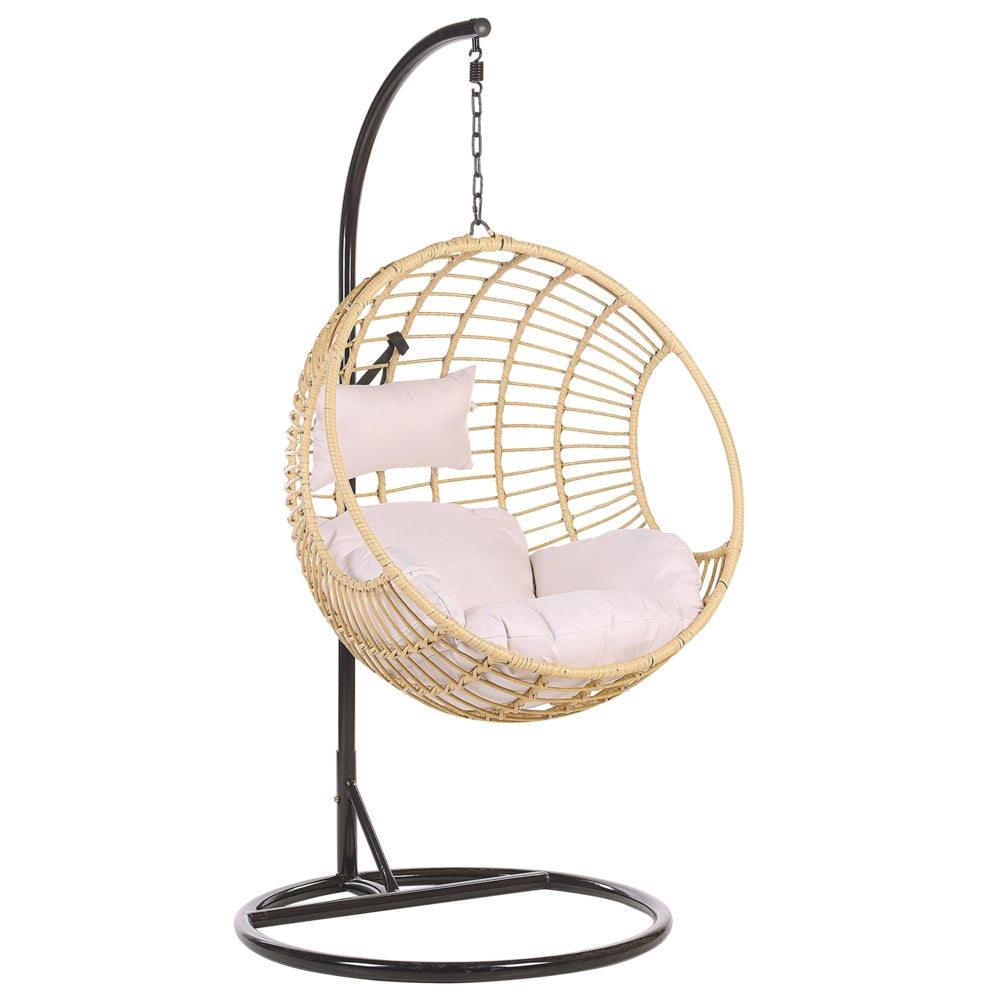 Sedia sospesa poltrona pensile Cestino di vimini rotondo in rattan beige con cuscini Struttura in metallo Boho
