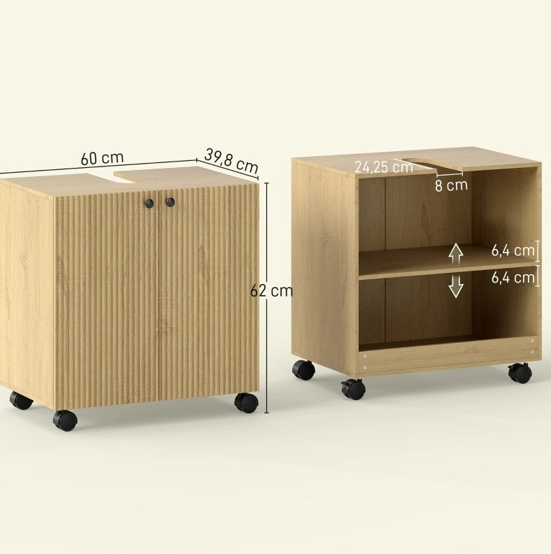 Mobile Mobile lavabo da bagno con ripiani regolabili, base in legno con ruote e chiusura soft-close