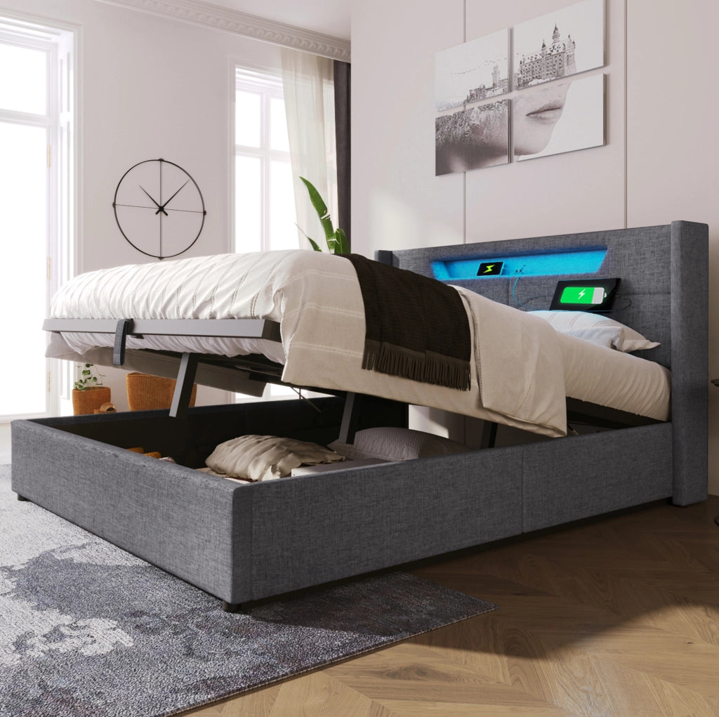 Letto matrimoniale 140x200 grigio con LED, USB-C e vano contenitore