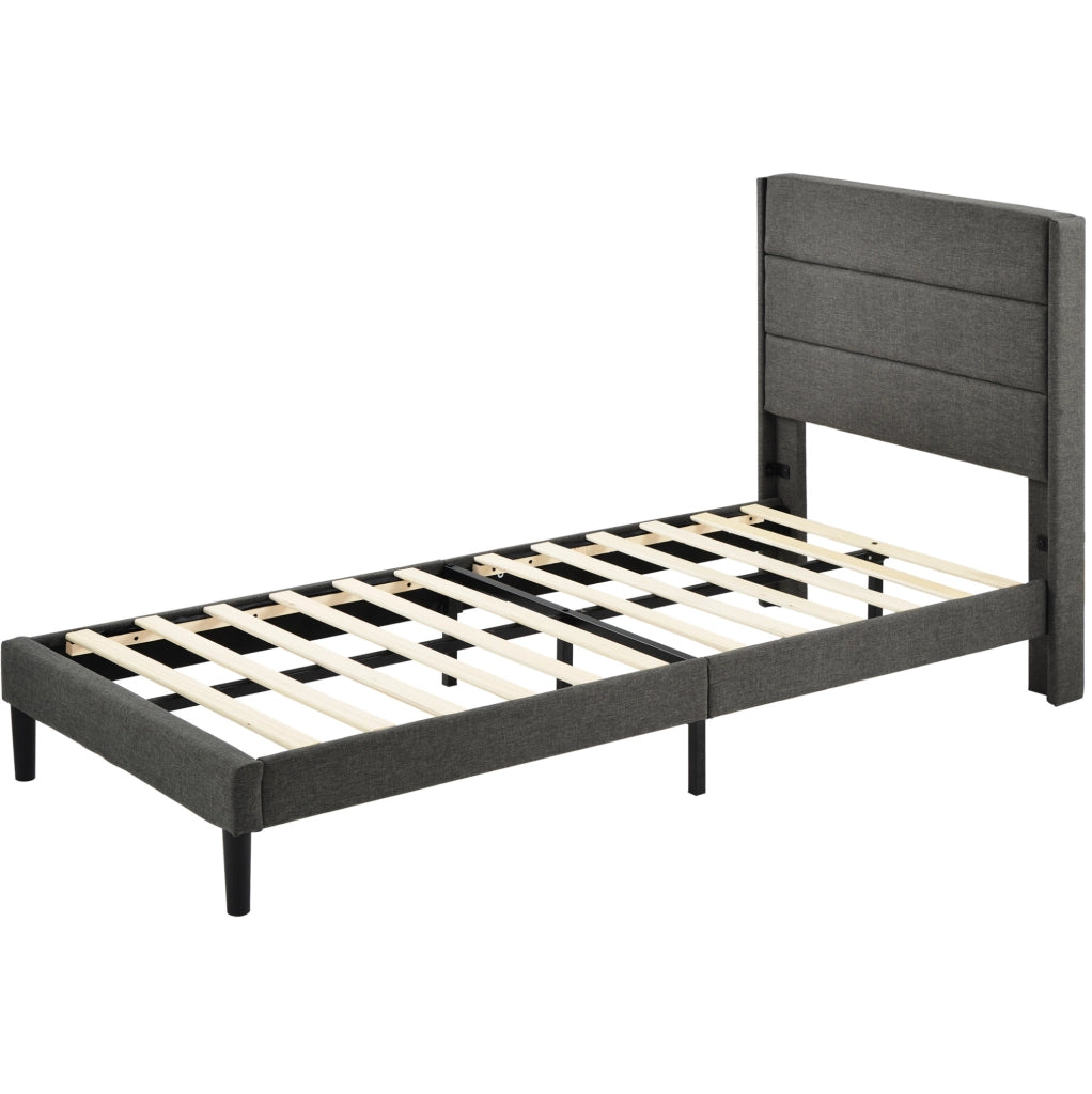 Letto imbottito 90x200 cm grigio con testiera e rete a doghe