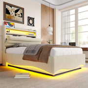 Letto imbottito 90x200 cm con contenitore idraulico; LED e prese USB/Tipo C; lino beige