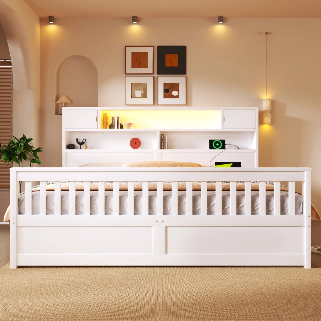 LETTO con testiera libreria 180x200 cm Bianco con 4 cassetti e LED