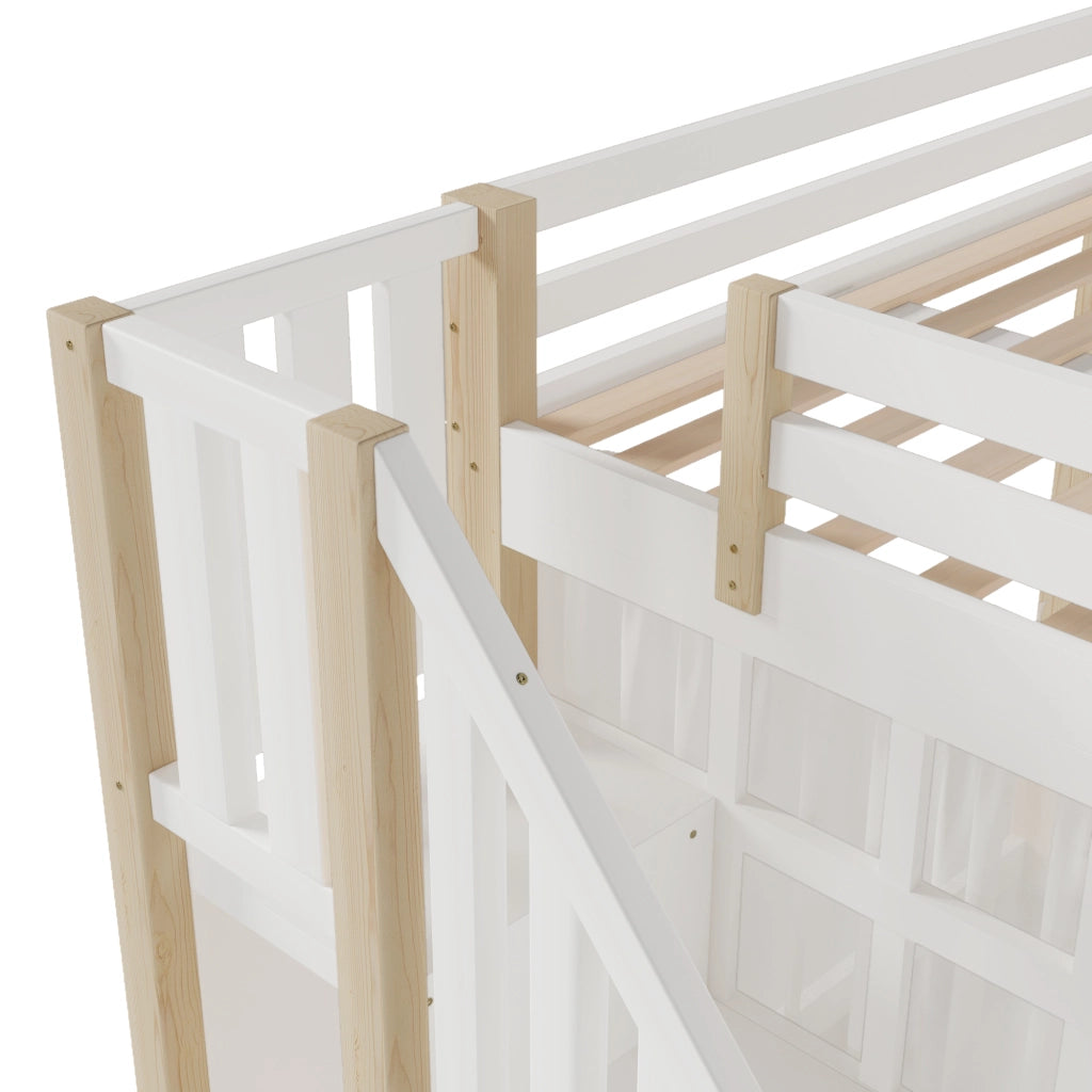 LETTO A SOPPALCO 140x200 cm con luci LED, scala contenitore, Bianco/Naturale