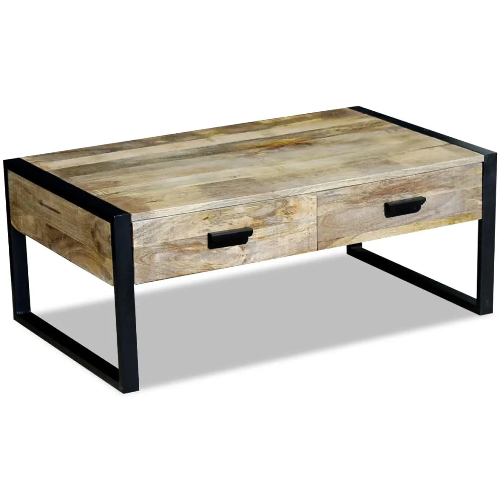 Tavolino da Salotto 2 Cassetti-Tavolino da soggiorno-Tavolo in Massello di Mango 100x60x40cm