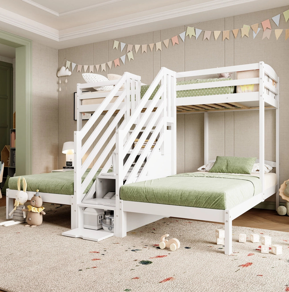 Letto a soppalco per bambini 90x200 cm con 3 letti; scala contenitore con cassetti; pino e MDF; bianco