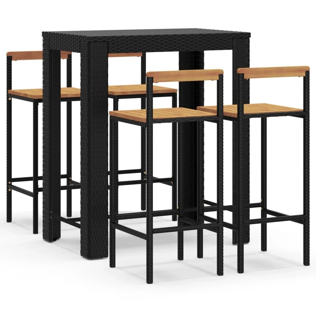 Set Bar Giardino 5 pz Nero Polyrattan e Legno Massello Acaciacod mxl 124643