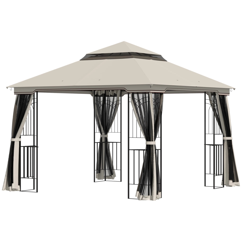 Gazebo da giardino con doppio tetto Tenda da giardino Tenda da giardino Tenda per feste con 4 x pareti laterali in metallo+poliestere beige 2;99 x 2;99 x 2;74 m