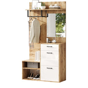 Mobile Ingresso con Specchio; 1 Cassetto e 2 Scarpiere a Ribalta; Lucido; in Pannello Truciolare; 100??38;5??190 cm; Bianco Naturale