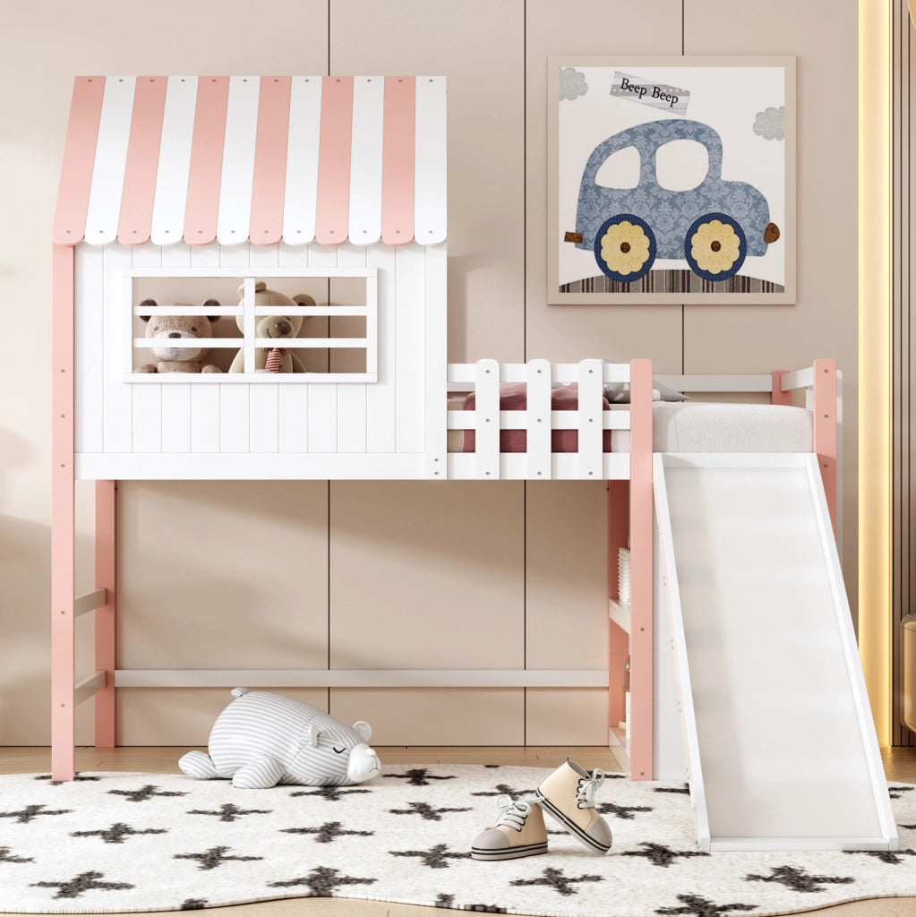 Letto a soppalco 90x200 cm con scivolo e scala in legno e MDF rosa