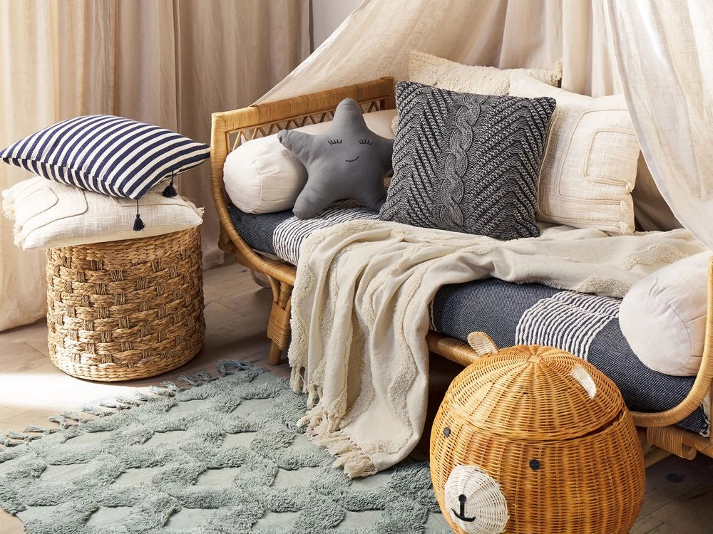 Coperta in cotone beige con frange e motivo geometrico 125 x 150 cm stile boho soggiorno camera da letto accessorio divano