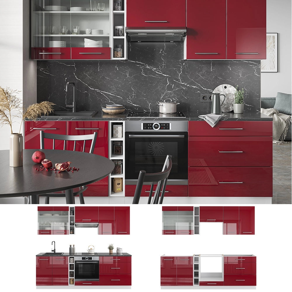 Cucina componibile Fame-Line Bordeaux lucido/Bianco 235 cm, PL Antracite Vicco