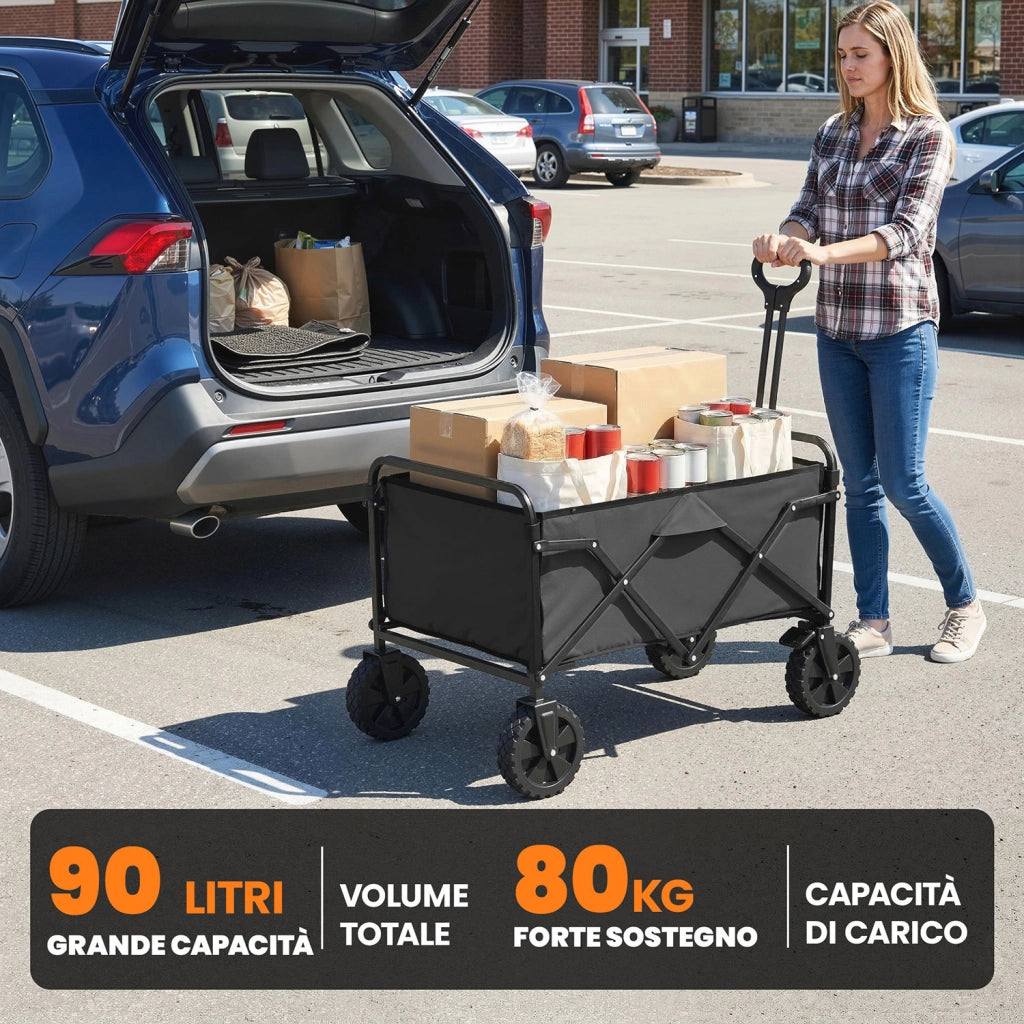 Carrello da Giardino o Campeggio Pieghevole Capacità 90L con Manico Regolabile e Portabicchieri in Metallo e Tessuto