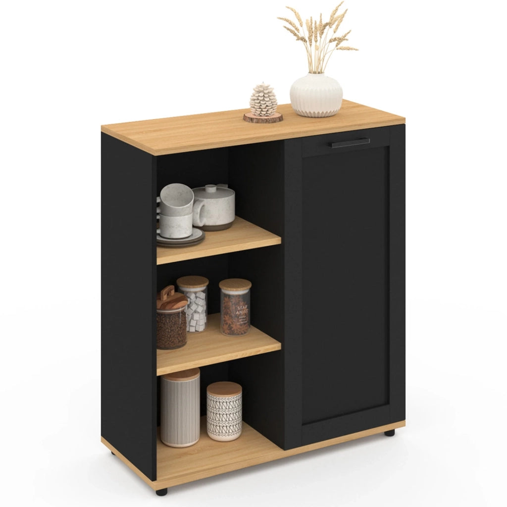 IDMarket - Aparador VITO de 3 estantes con armario negro y tapa de madera de 70 cm