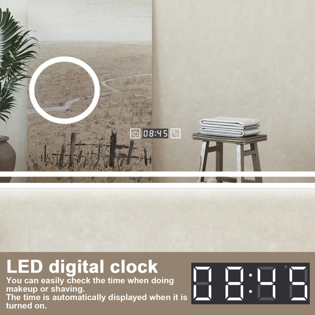 Specchio bagno Rettangolare 160x80cm Led Con 3 Luci + 3X Lente d'ingrandimento + Orologio + Antiappannamento